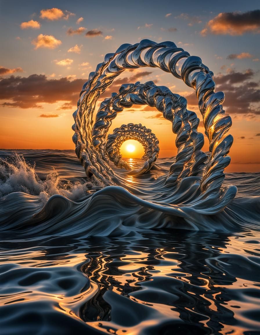 Hyperrealistic Spiral Water Sculpture at Sunset