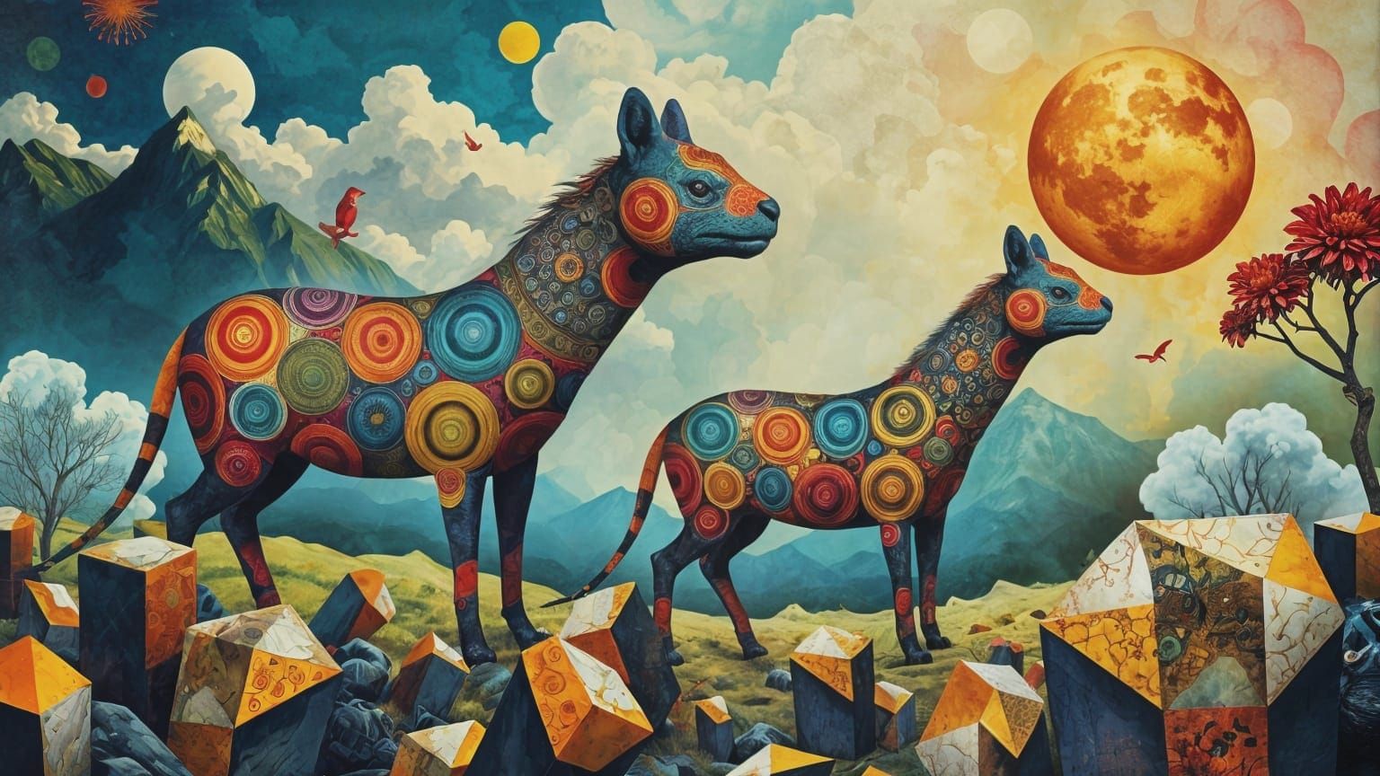 Surreal Animals in Abstract Landscape: Mixed Media Art