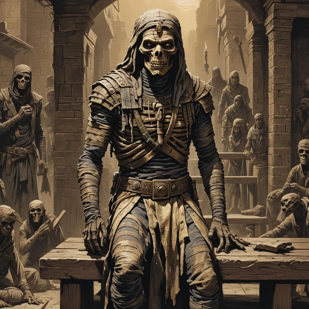 Sinister Mummy on Bench in 1800s Style