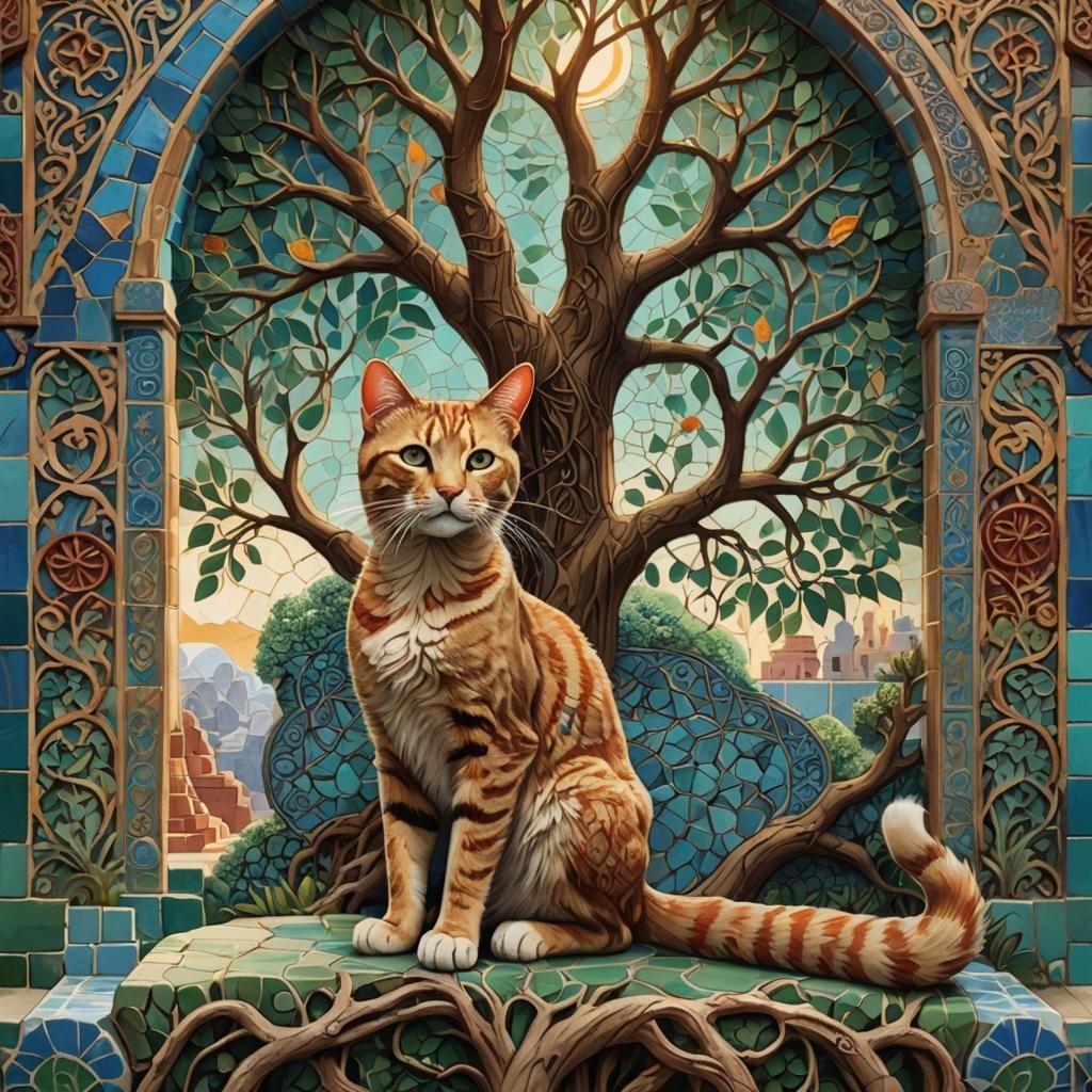 Mystical Cat at the Tree of Life: Fantasy Art