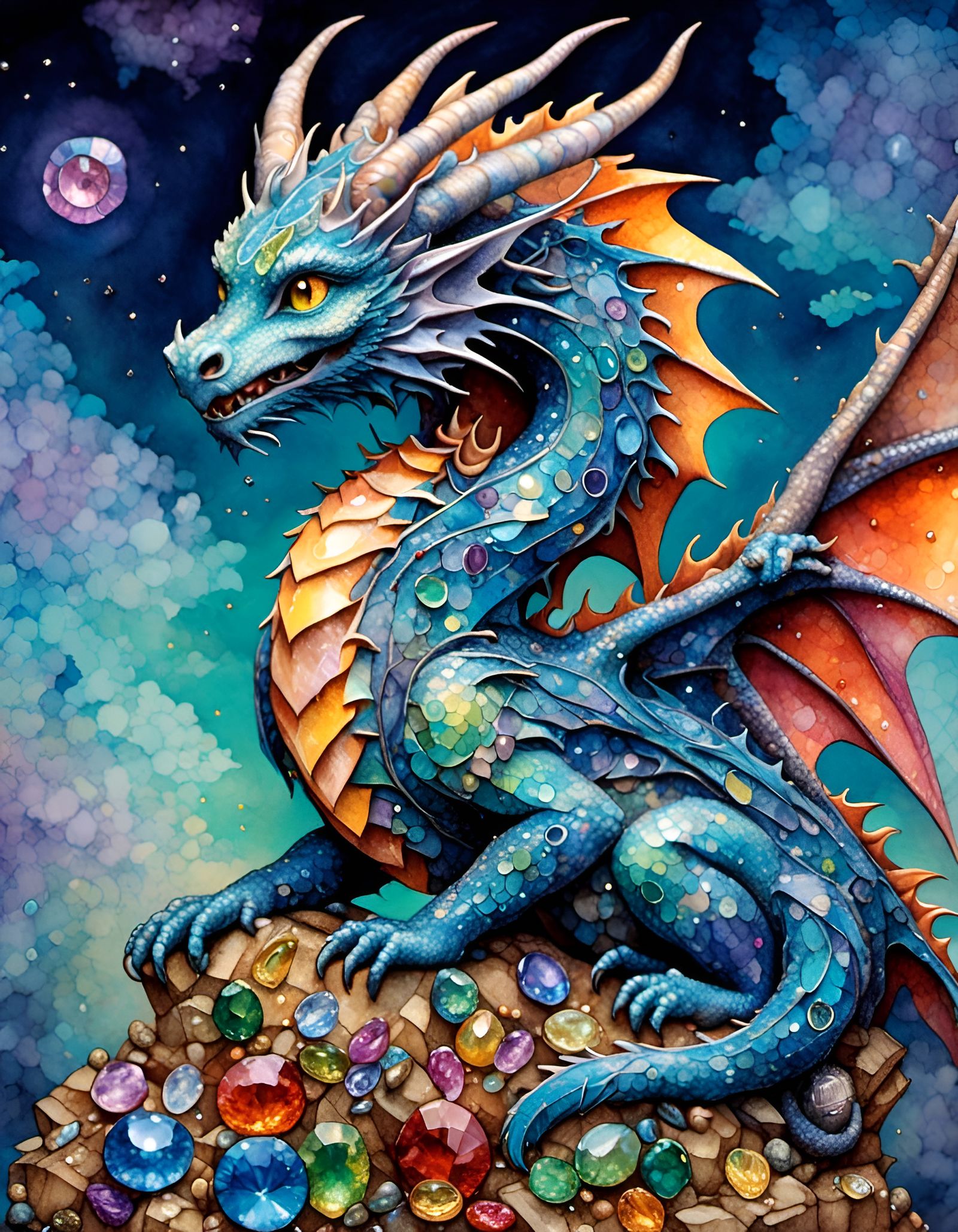 Covetous Dragon on Gems in Alcohol Ink Style