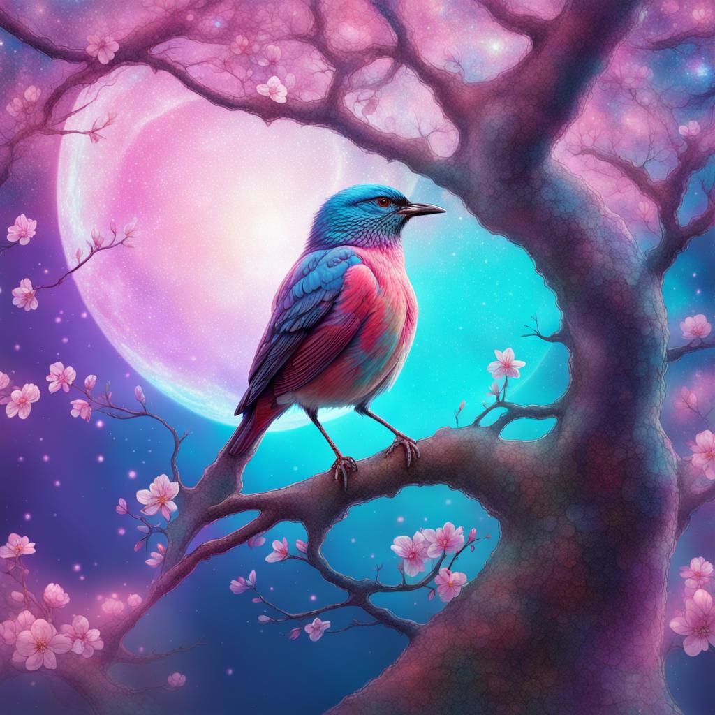 Bird on Cherry Blossom Branch: Astral Illustration