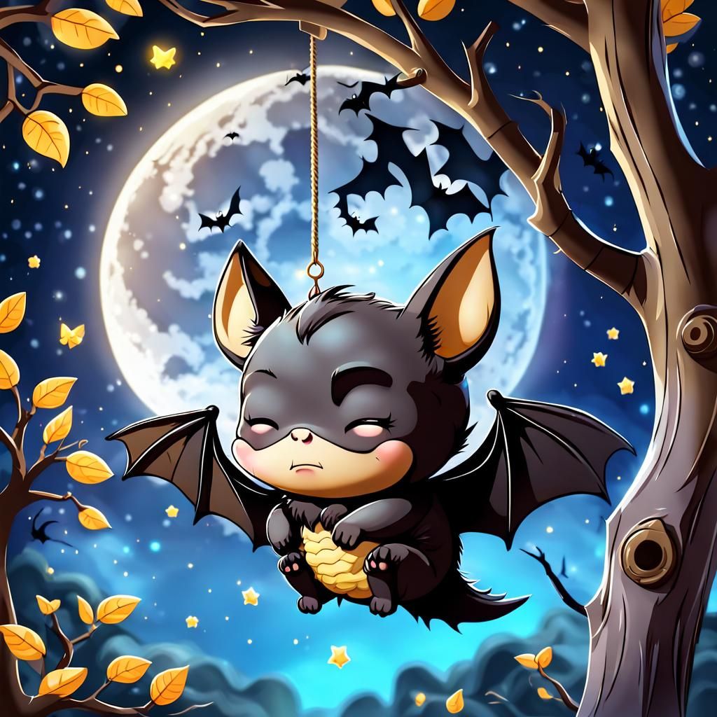 Chibi Bat Sleeping in Moonlight