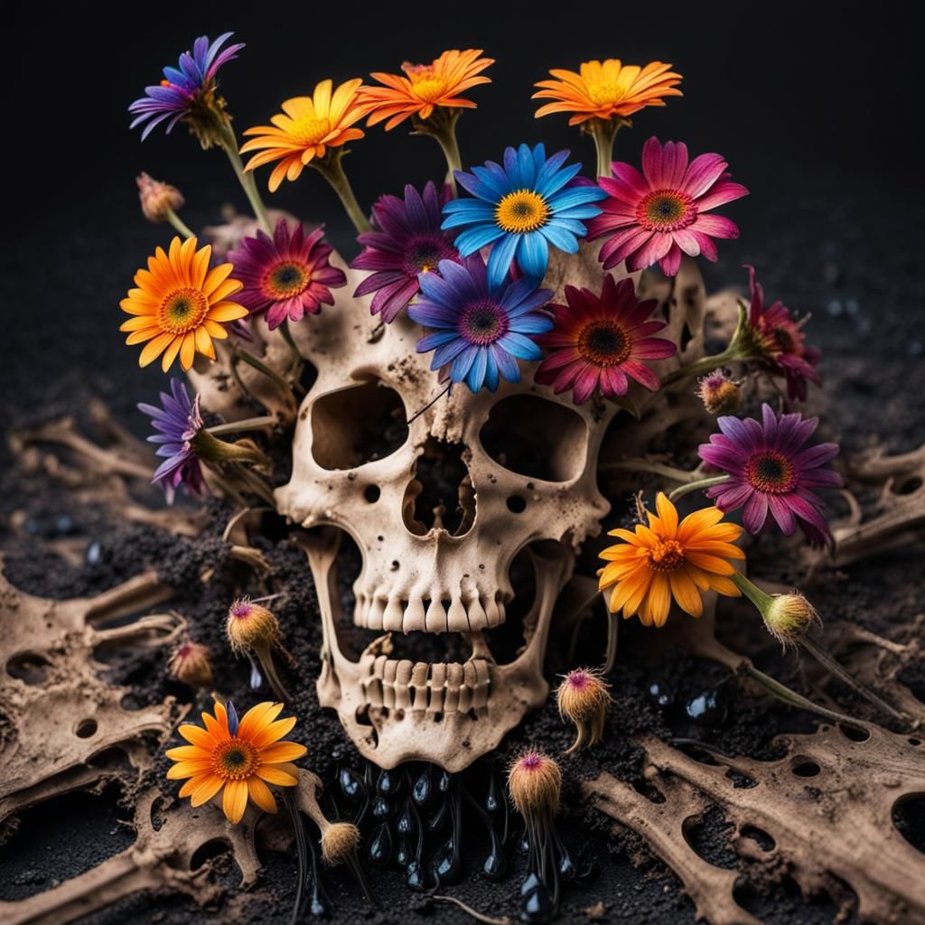 Colorful Flowers Bloom from Rotten Skeleton