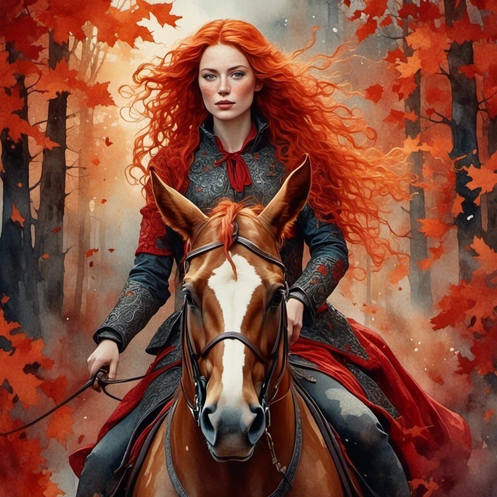 Red-Haired Woman on Horse in Autumn Forest