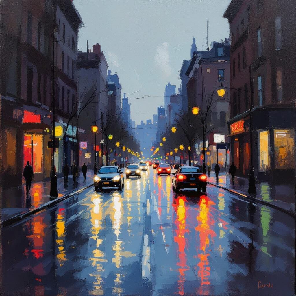 Dimly Lit City Street at Dusk as Impressionistic Painting