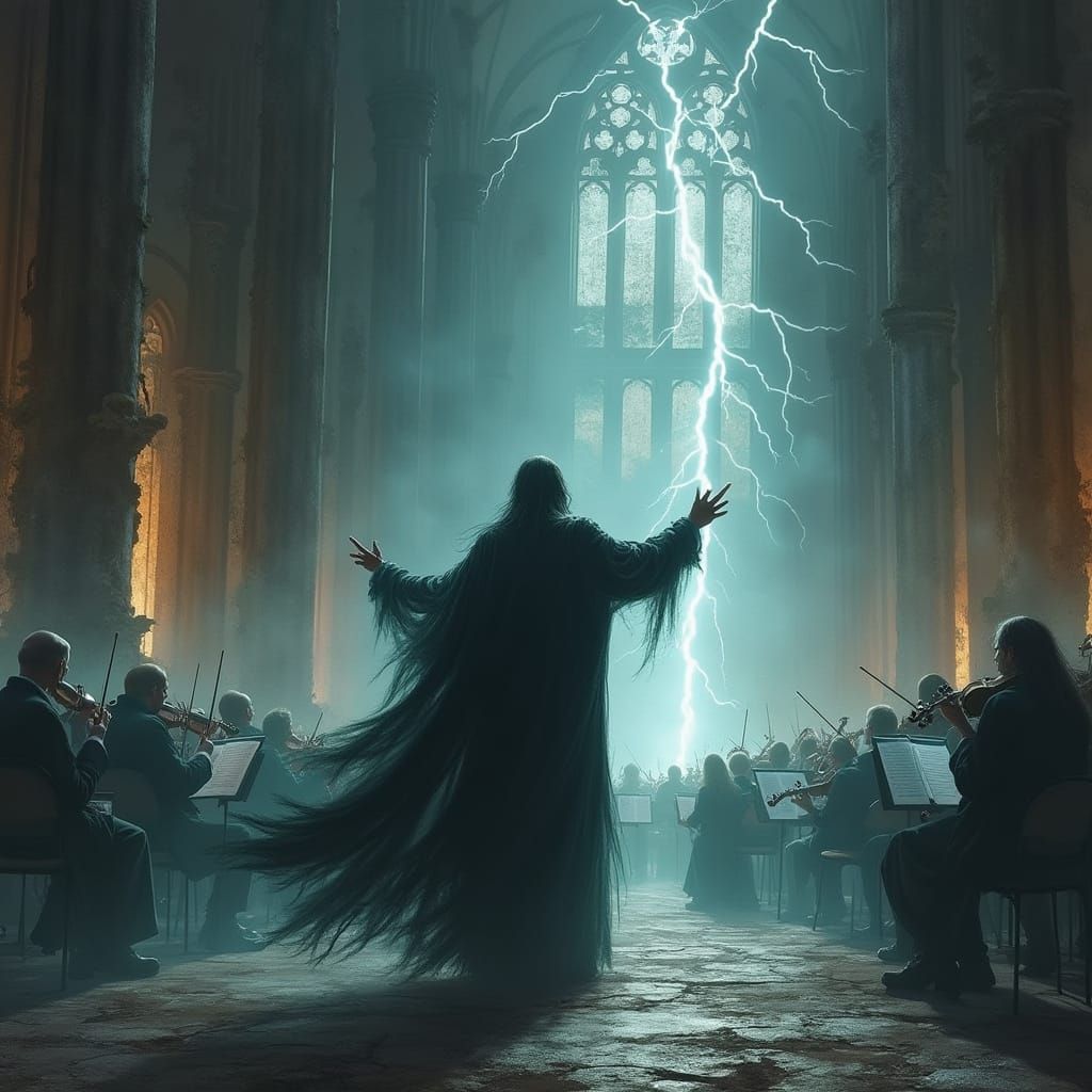 Spectral Conductor Leads Invisible Orchestra in Gothic Ruins