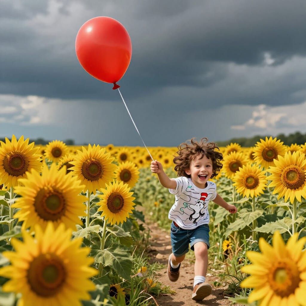 Child Chasing Red Balloon in Sunflower Field