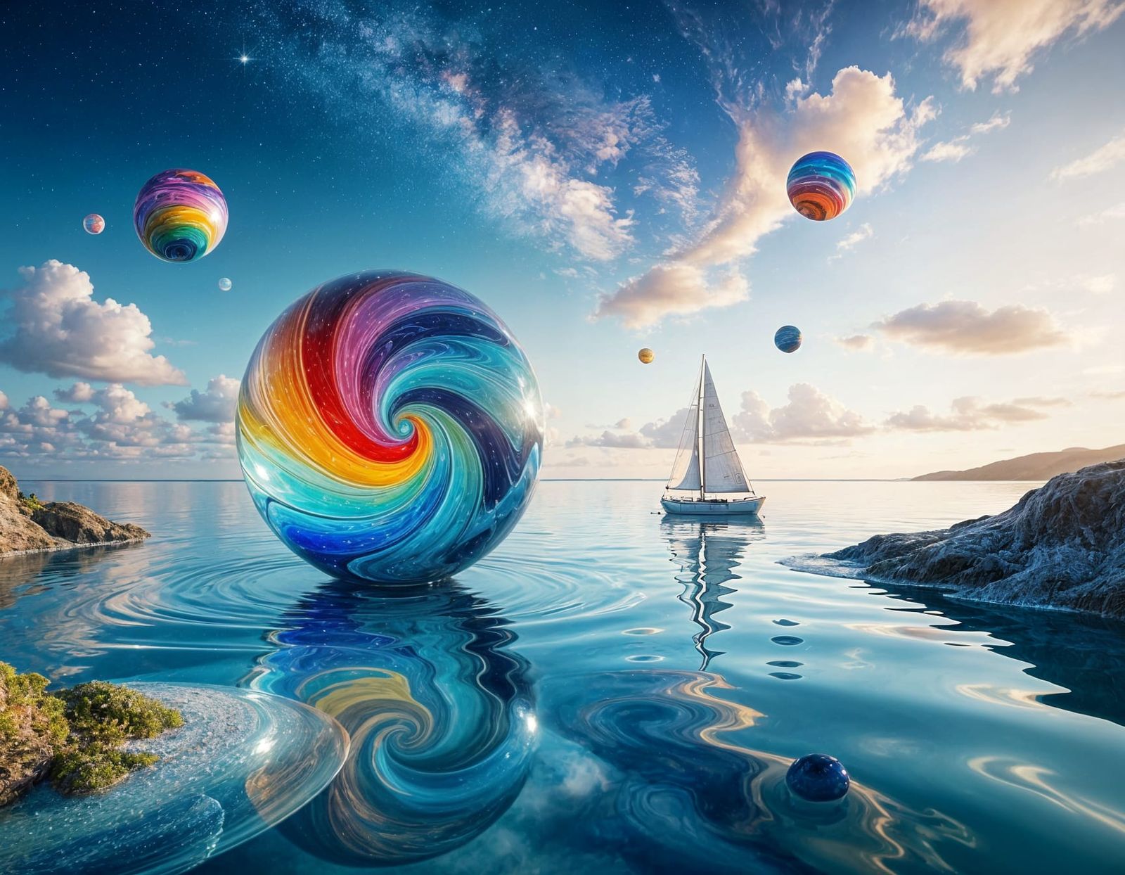 Cosmic Glass Sea Dreamscape with Sailboat