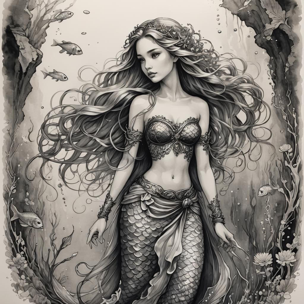 Rapunzel Mermaid in Fantasy Ink Sketch