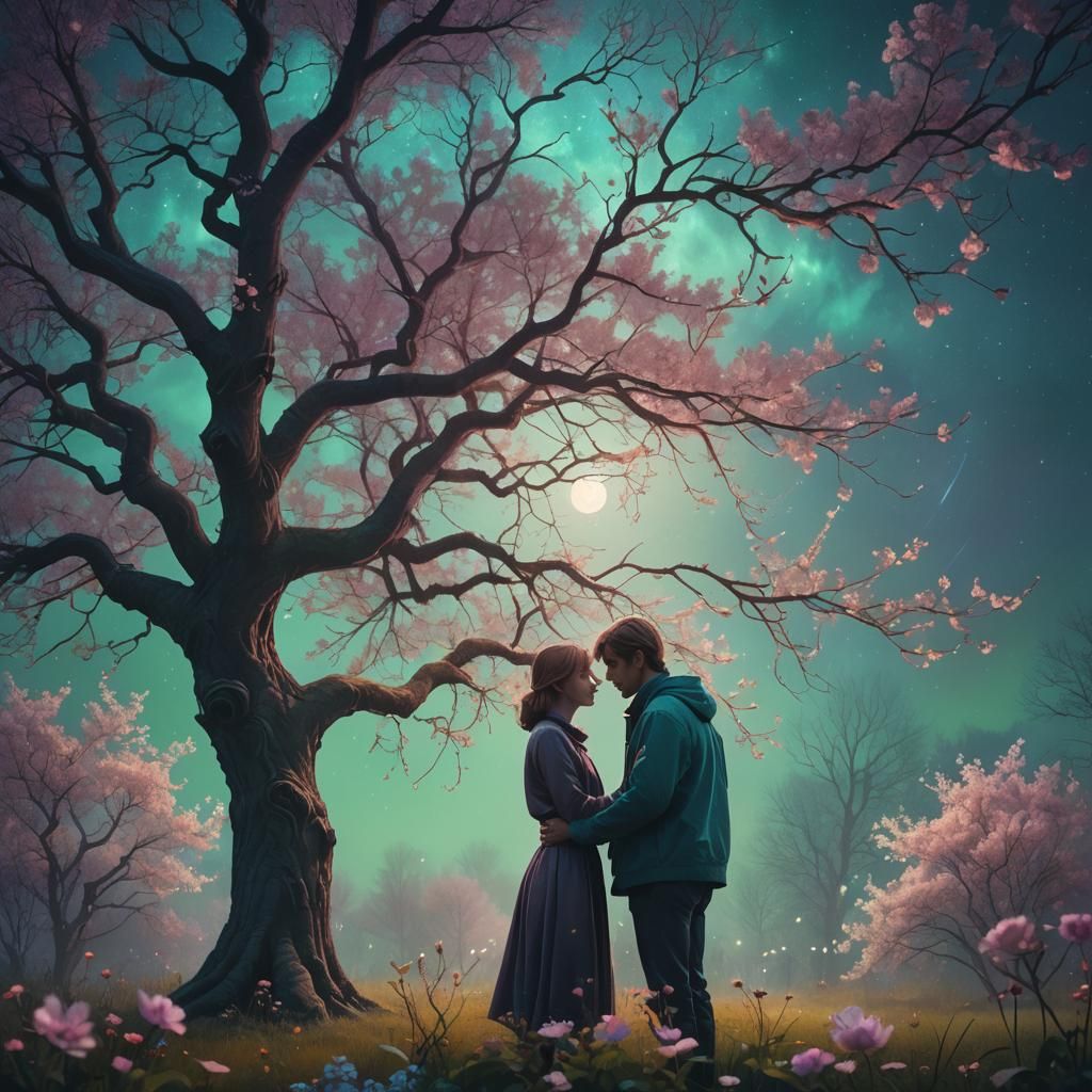 Couple Embrace in Moonlit Aurora Garden