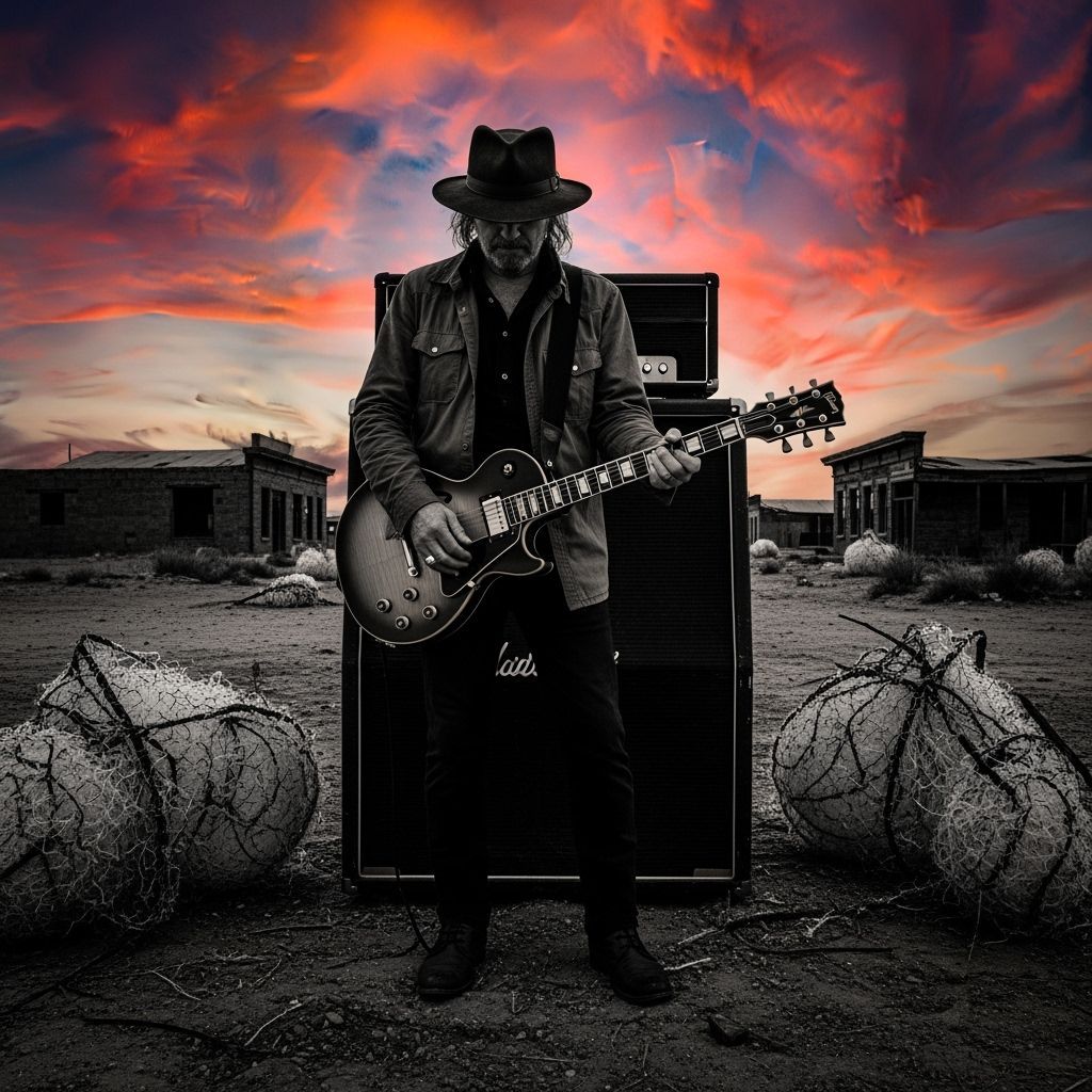 Lone Guitarist in Dusty Town: Gritty Black and White