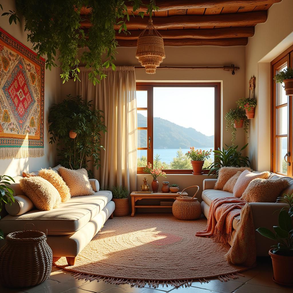 Bohemian Living Area on Greek Island in 8K