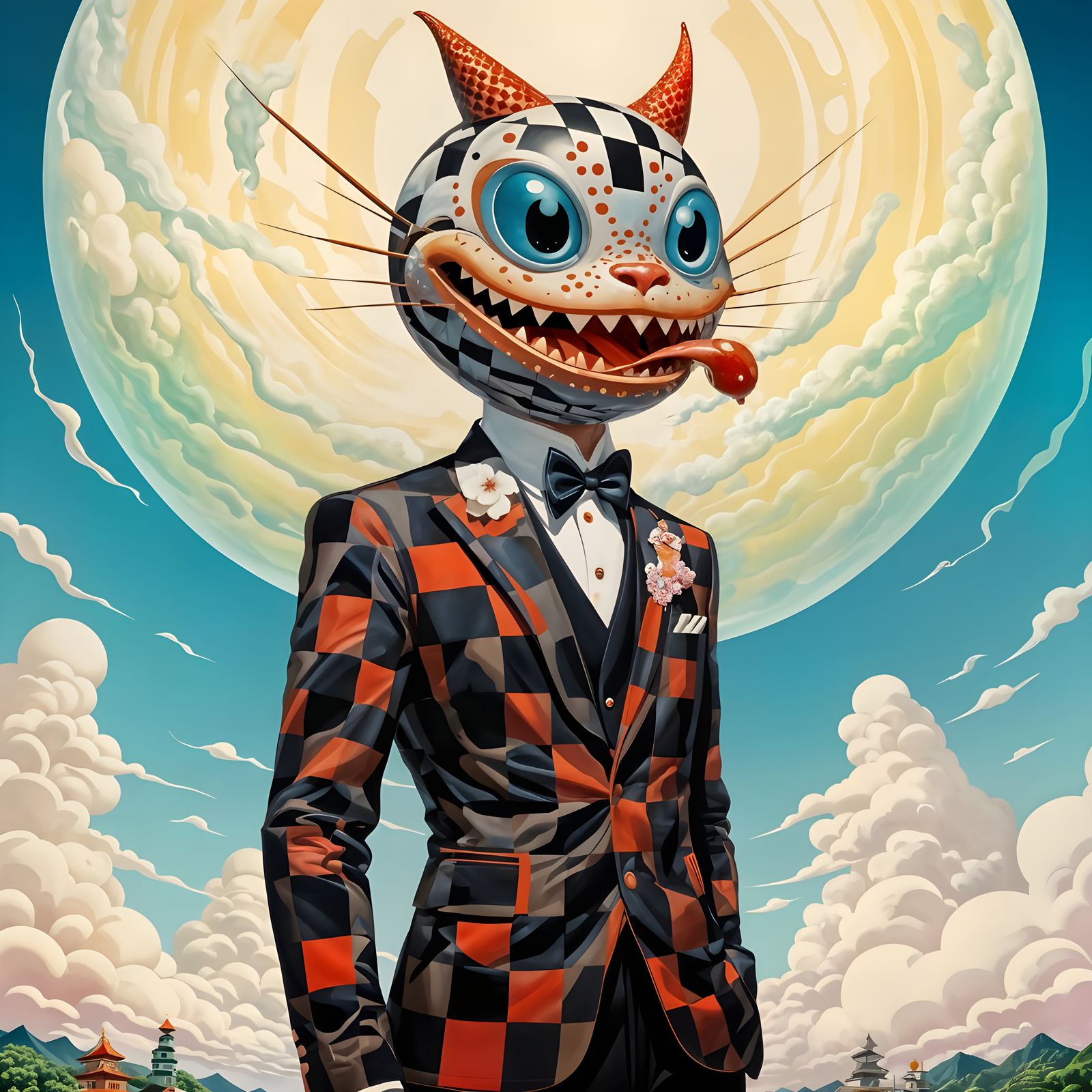 Anthropomorphic Checkered Creature in Pop Surrealism Style