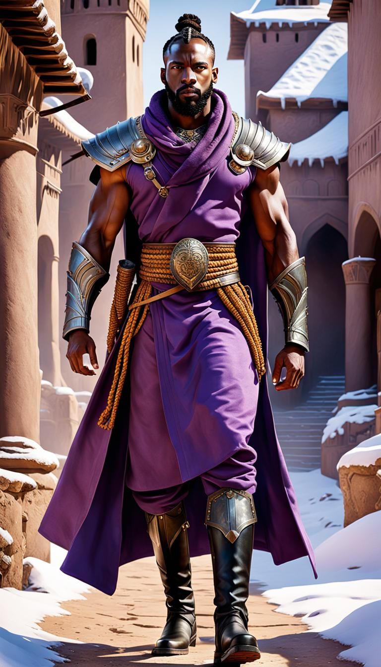 Stern African Warrior in Snowy Castle Courtyard