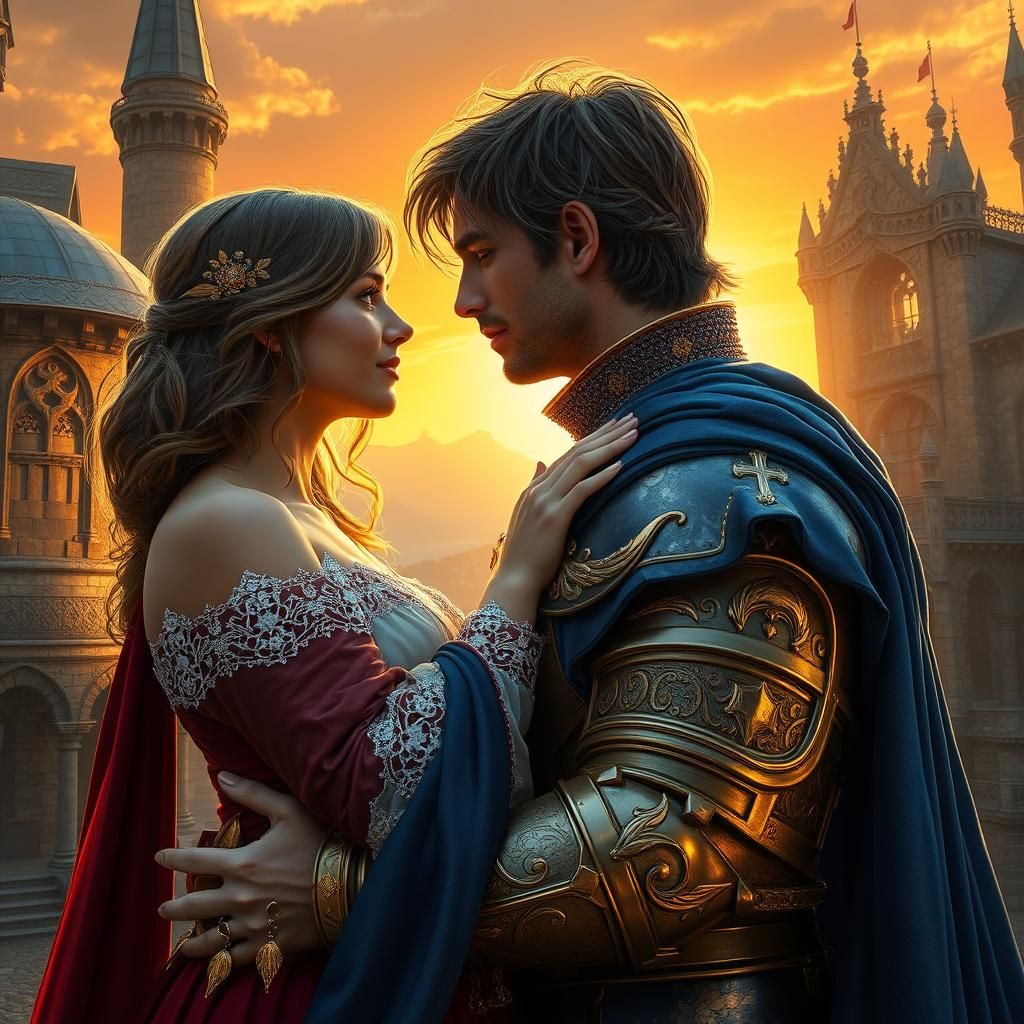 Passionate Embrace of Knight and Lady in Medieval City