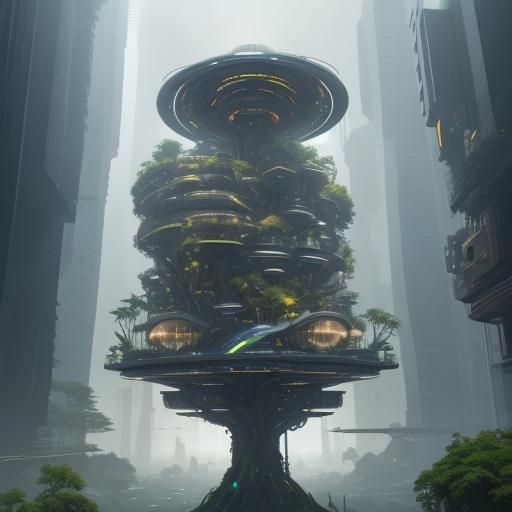 Futuristic Cybernetic Food Truck in Utopian City