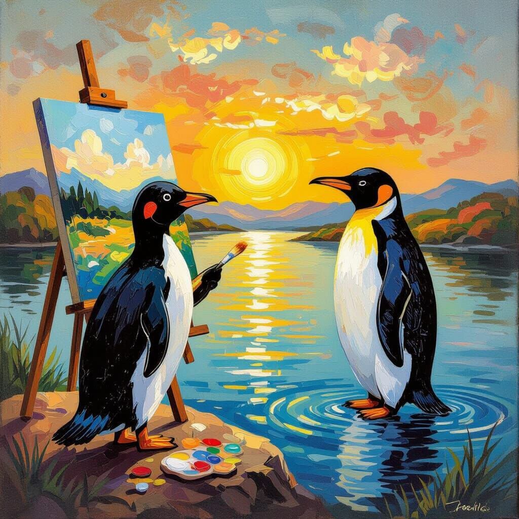 Whimsical Art Scene: Duck, Penguin Paint, Hippo Swims