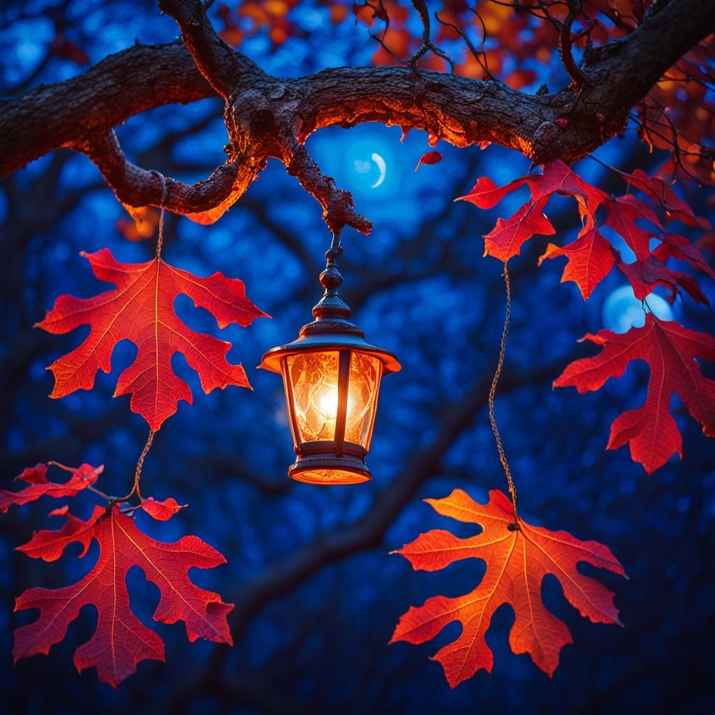 Ethereal Lamp on Oak Tree with Red Leaves