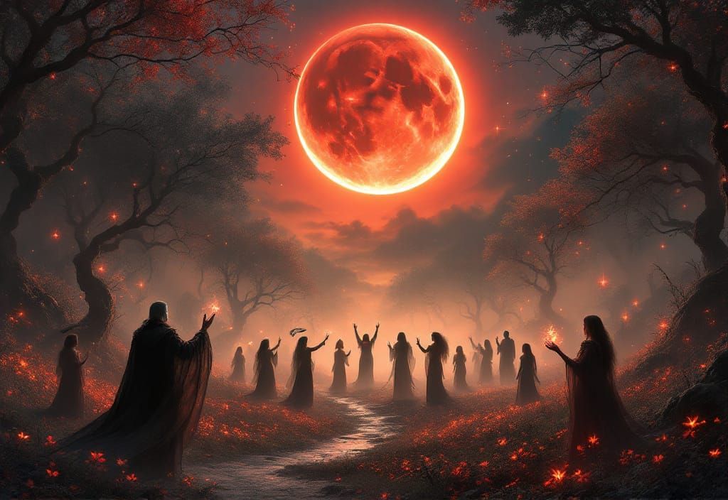 Ethereal Gathering of Supernatural Beings Under Red Moon