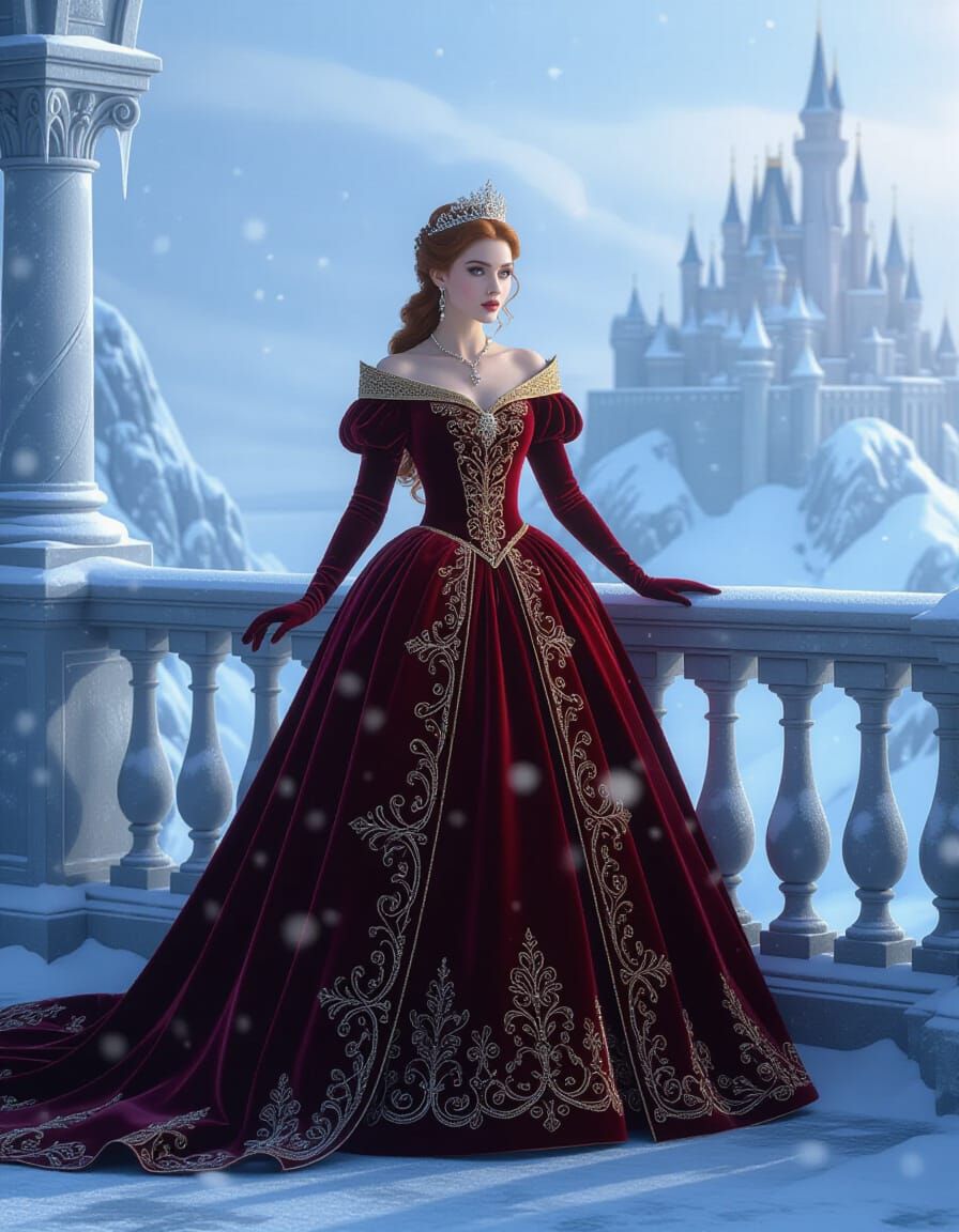 Regal Winter Princess on Balcony in Crimson Gown