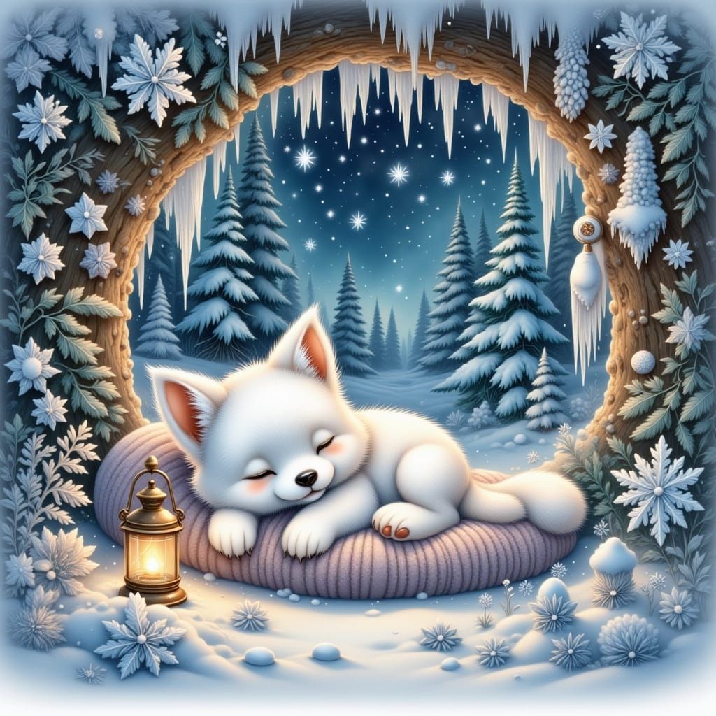 Adorable Chibi Dog Rests in Cozy Den Under Starry Sky
