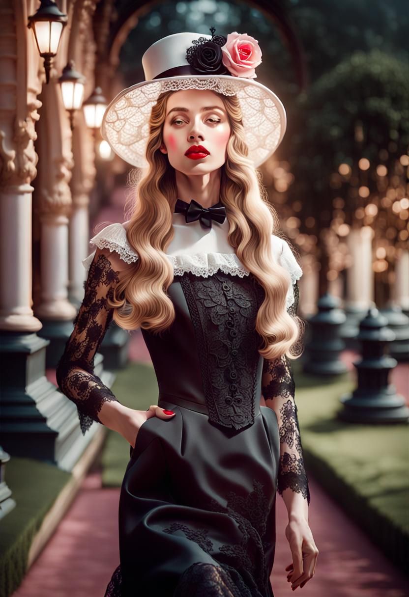 Victorian Woman in Lace Top Hat, Hyperrealistic Art