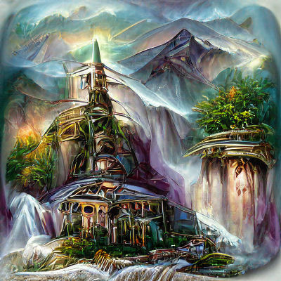 Elven Temple Mountain Waterfall Landscape