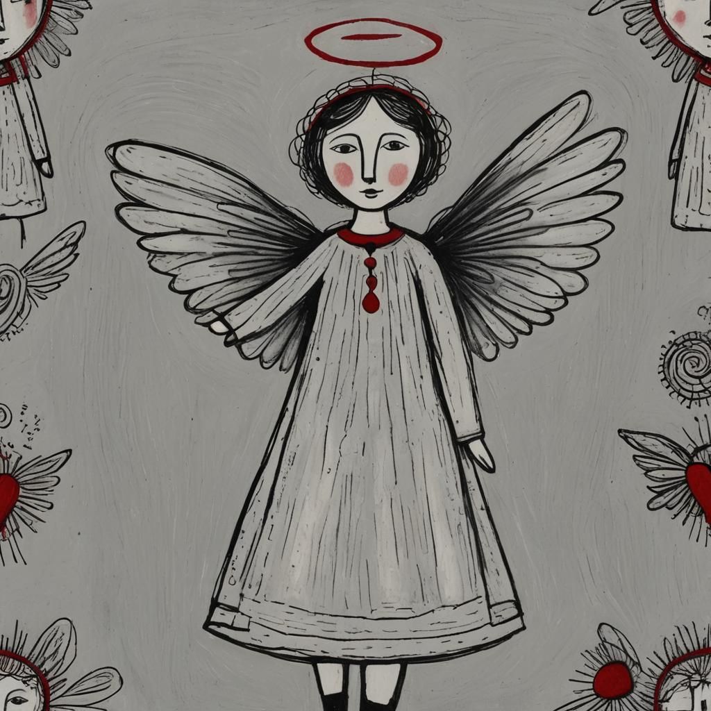 Primitive Charcoal Angel in Outsider Art Style