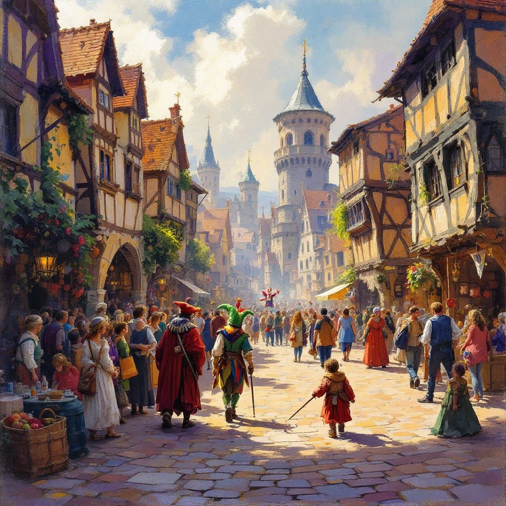 Bustling Medieval Marketplace Full of Life and Activity
