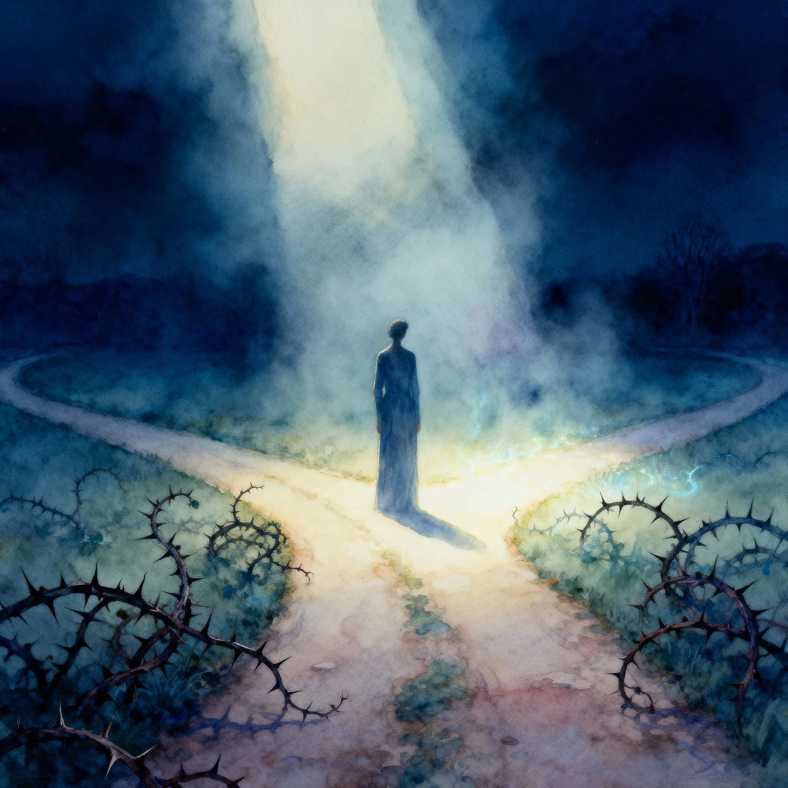 Twilight Crossroads in Evocative Watercolor Style