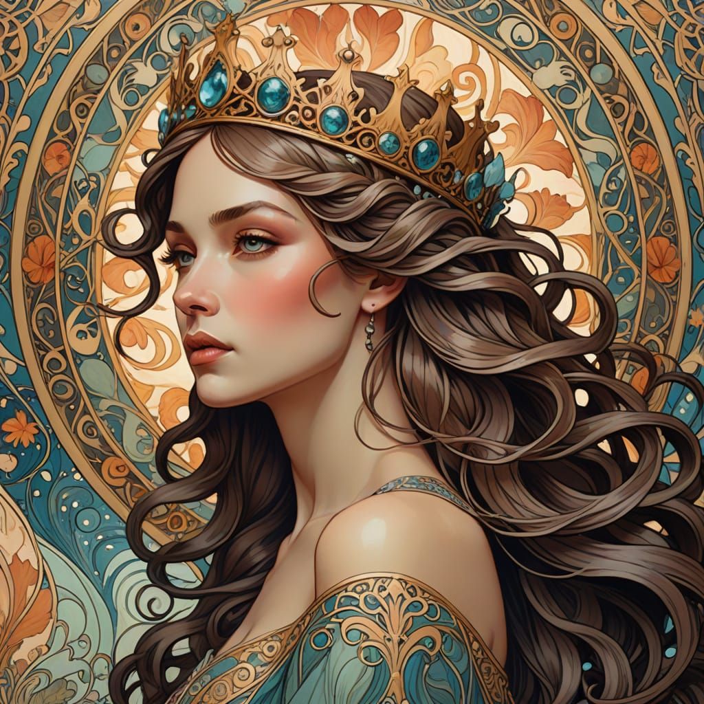 Art Nouveau Woman with Ornate Crown in Dreamlike Style