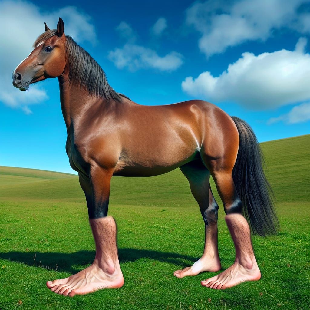 Horse with Human Feet on Green Pasture