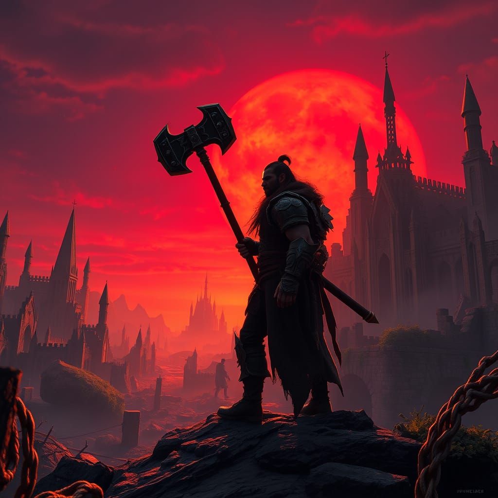 Gritty Barbarian Amidst Ancient Ruins Basks in Vibrant Sunse...