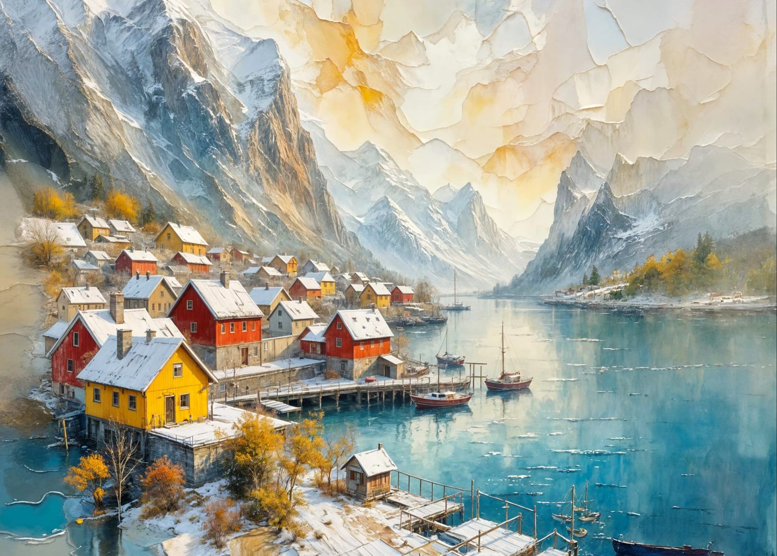 Impressionist Watercolour of Norwegian Coastal City at Dawn