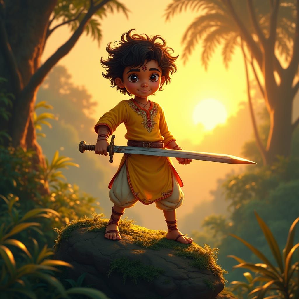 Young Indian Hero in Sunset Jungle, Fantasy Illustration Sty...
