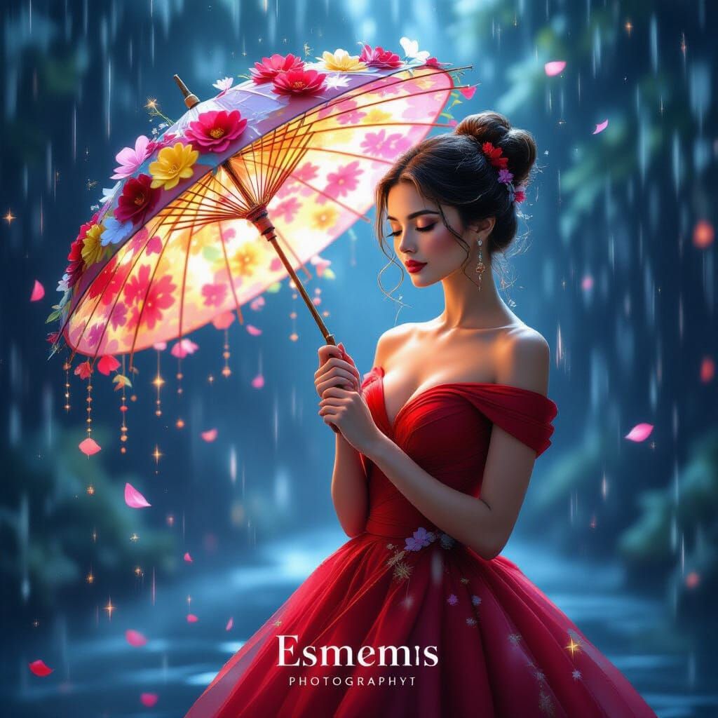 Woman with Luminous Flower Parasol in Gentle Rain