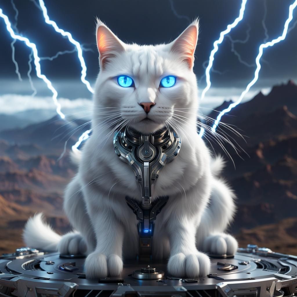 Futuristic Cat Wizard Commands Lightning Storm