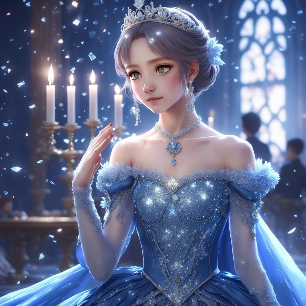 Anime Princess in Sparkly Blue Gown