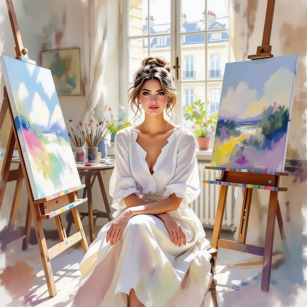 Parisian Atelier: Woman in White, Watercolor Style