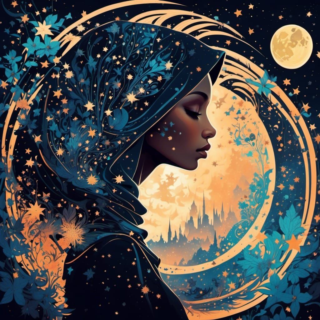 Starry Hijab Silhouette in Surreal Collage Art