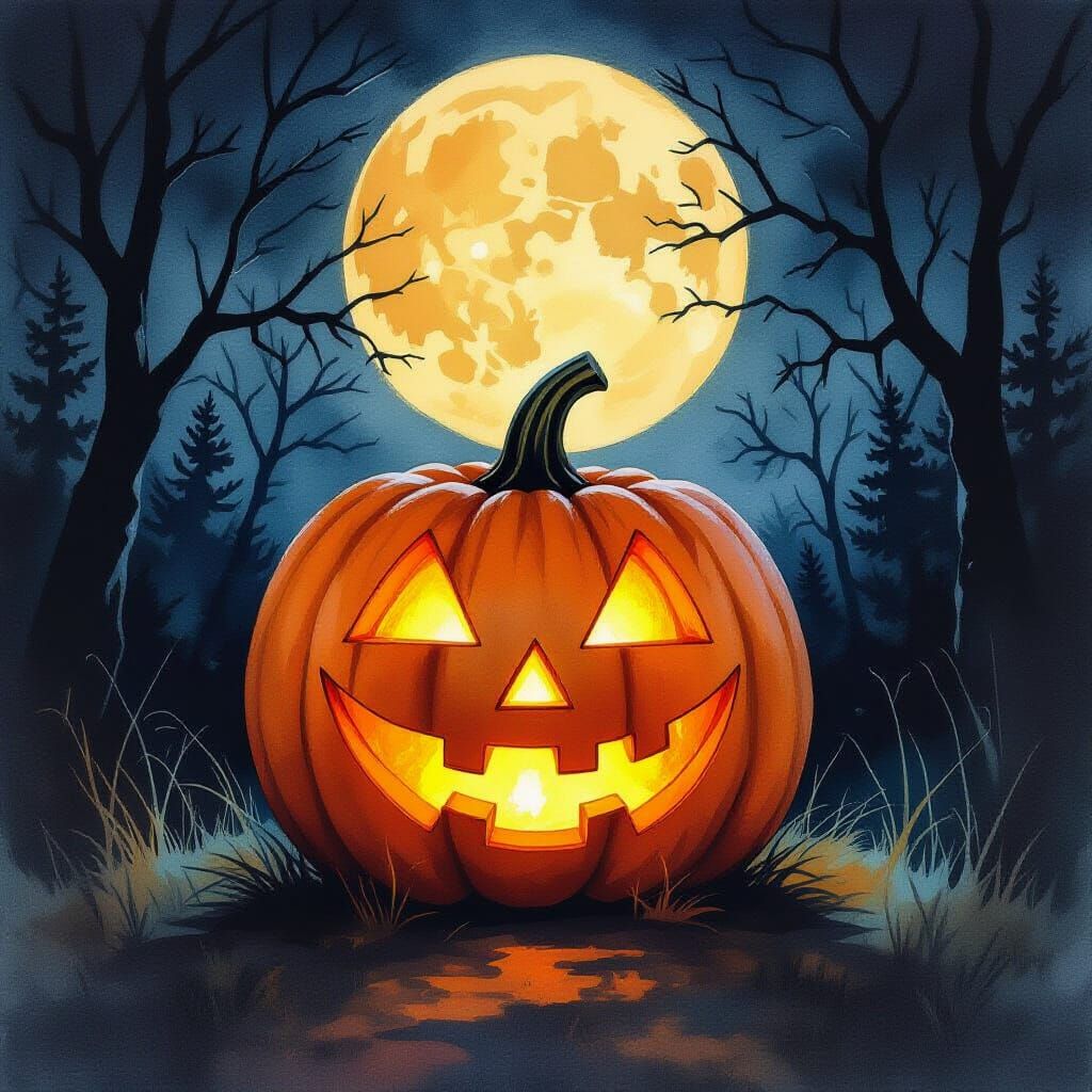 Spooky Halloween Jack-o'-Lantern Watercolor Painting