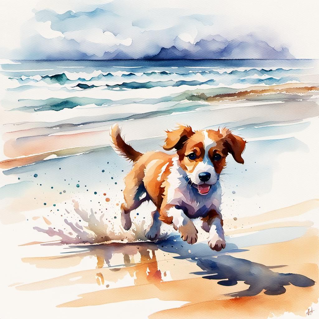 Puppy's Beach Day: A Whimsical Watercolour Painting