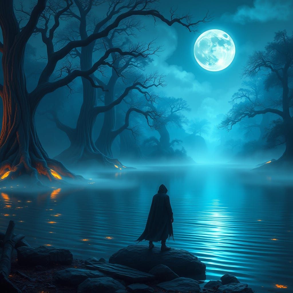 Mystical Lake Sanctuary under Starry Night