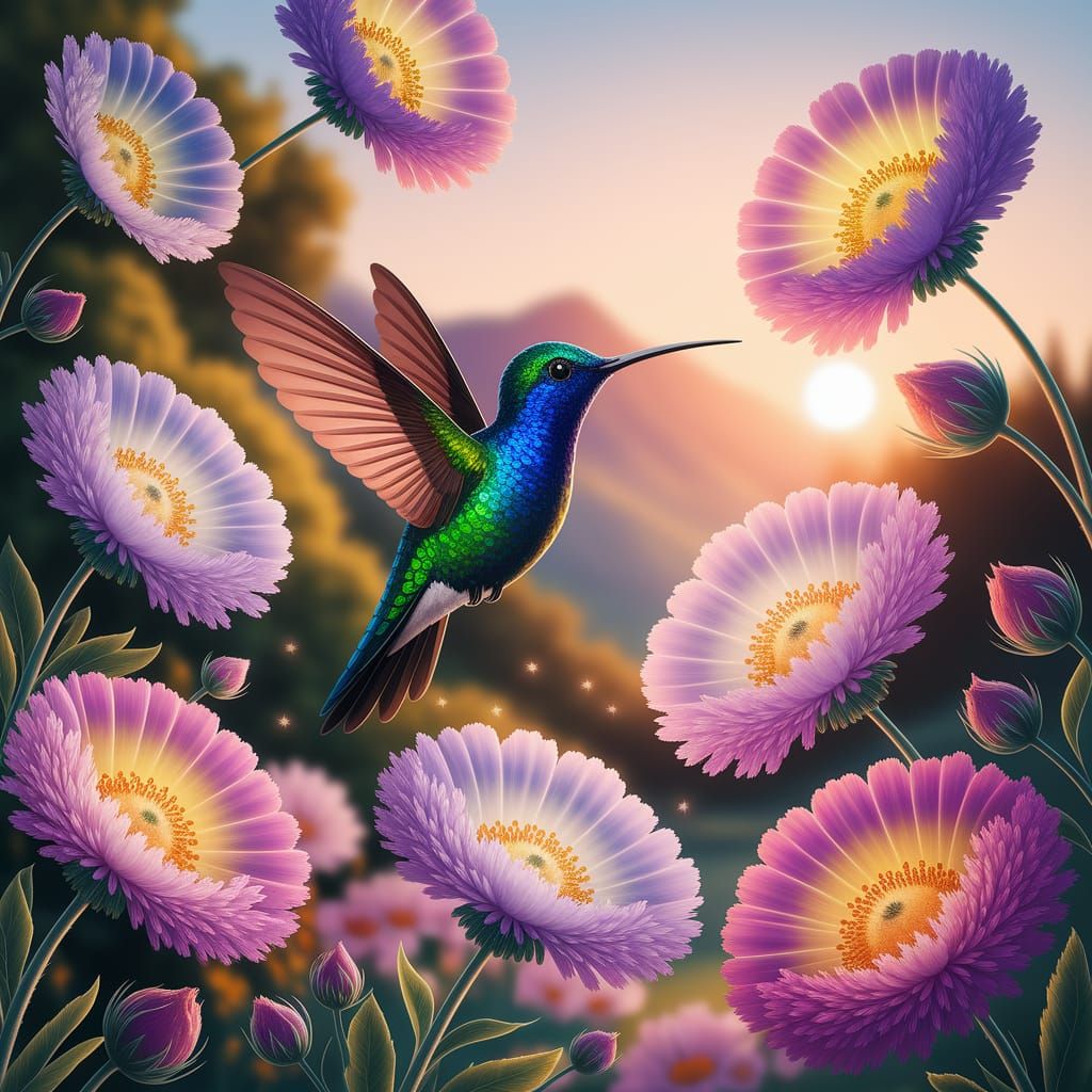 Gemstone Hummingbird in a Bouquet of Heavenly Flowers