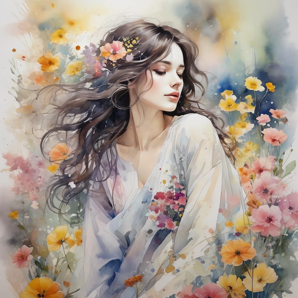 Dreamy Watercolor Portrait of a Petite Brunette