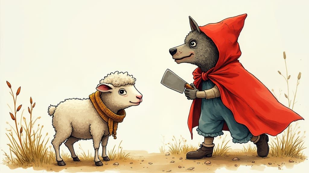 Nervous Lamb Meets Red Riding Hood: Watercolor Illustration