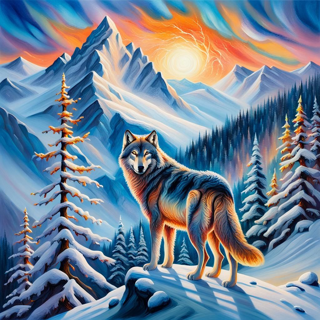 Lone Wolf in Winter Wonderland Oil Painting