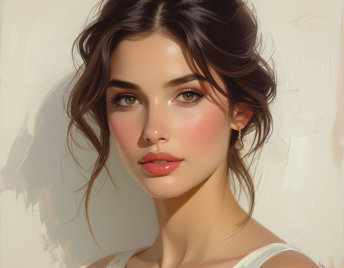 Beautiful Woman Portrait in Pino Daeni Oil Painting Style