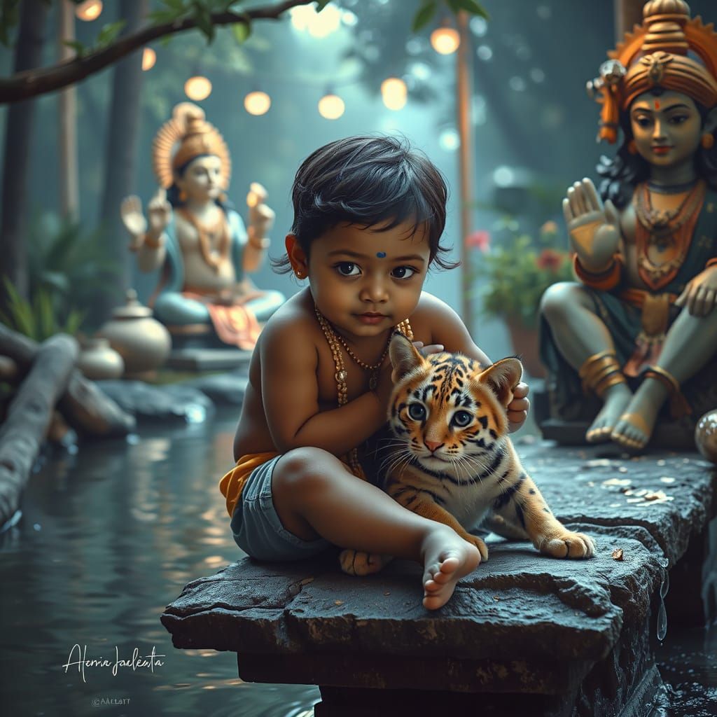 Tiger Kitten and Indian Toddler in Dreamy Garden